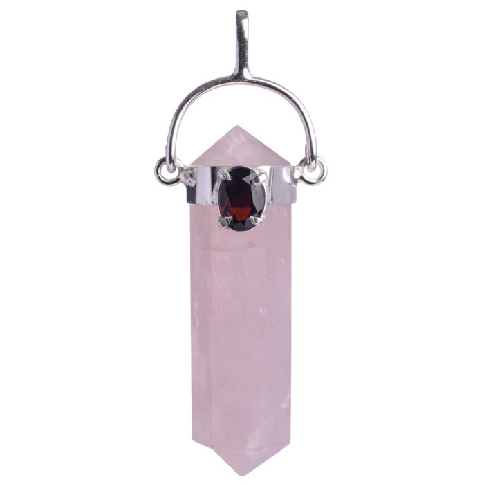 Rose Quartz with Garnet Cabochon Double Terminated 925 Sterling Silver Pendant, Brazil (1pc) NETT