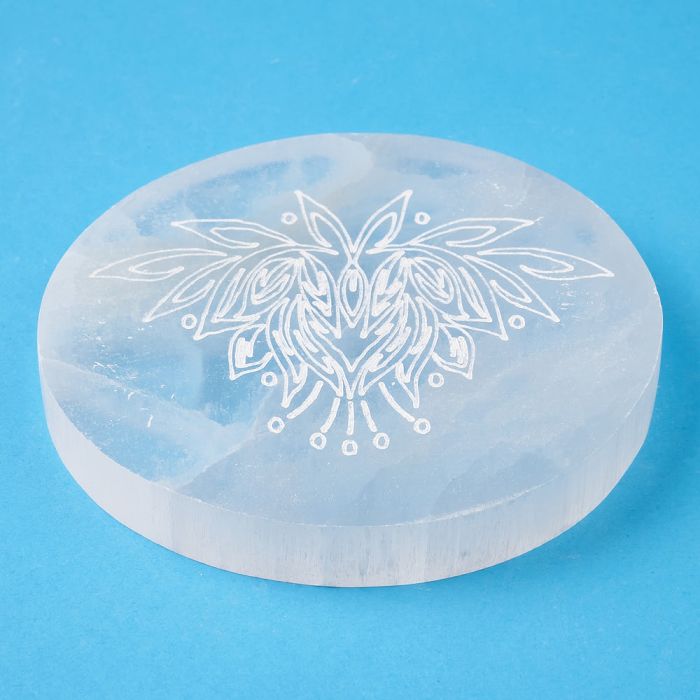 Selenite 10cm Disc with Etched Lotus Design (1pc)
