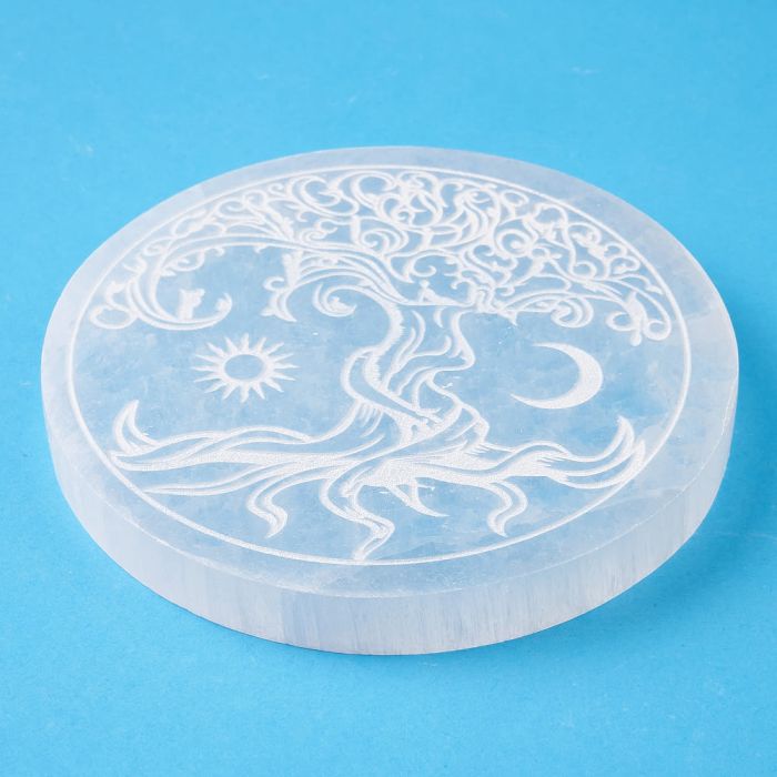 Selenite 10cm Disc with Etched Tree of Life Design (1pc)