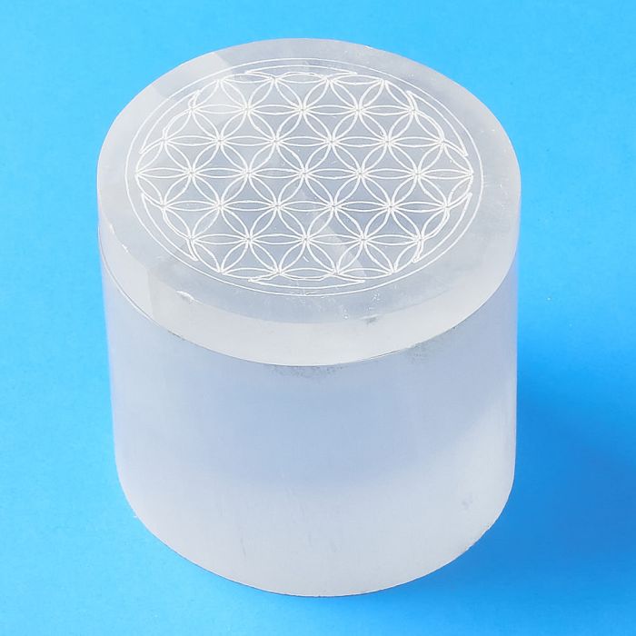 Selenite Cylinder Box with Flower of Life Etched Lid (1pc)