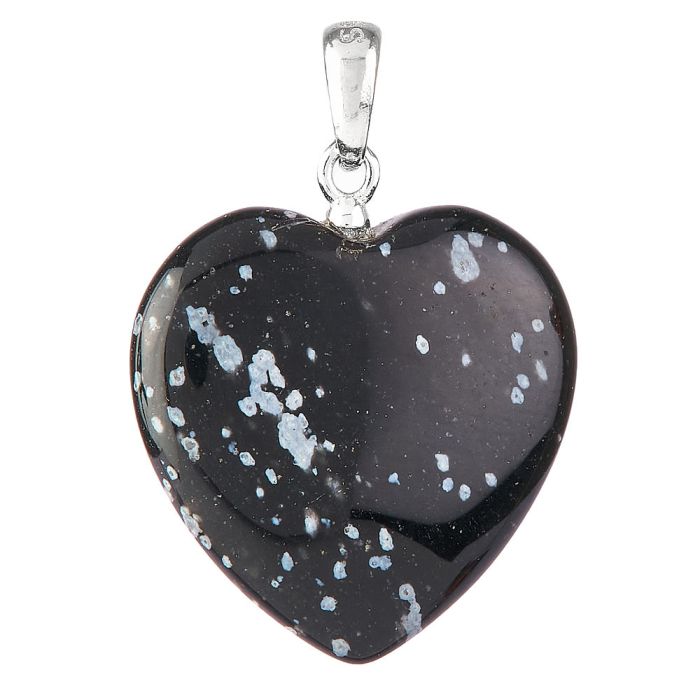 Snowflake Obsidian Heart Pendant, Sterling Silver, 20mm