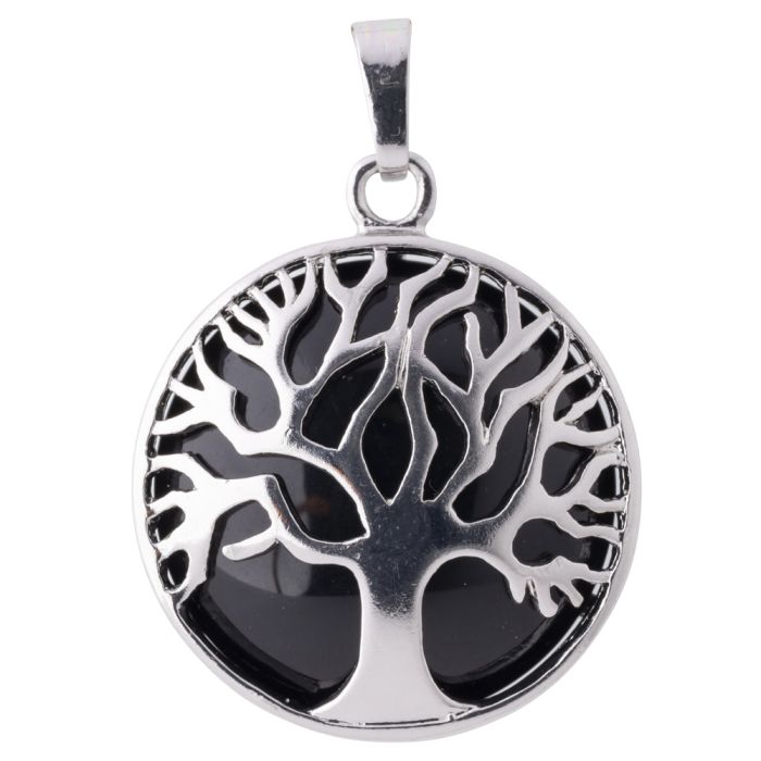 Black Agate Tree of Life Chrome Plated Pendant (1pc) NETT