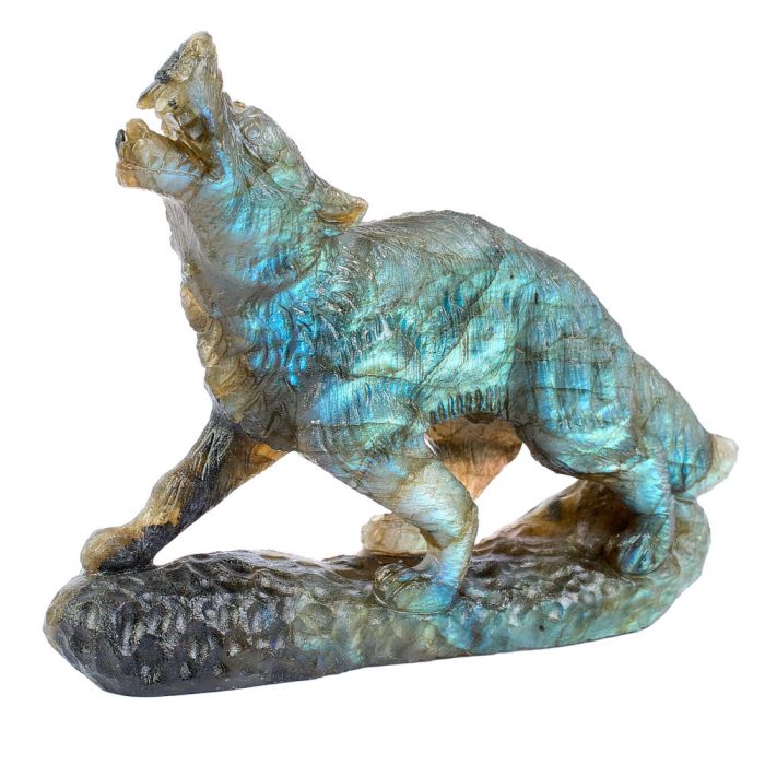 Labradorite Wolf carving with base 4.75" NETT