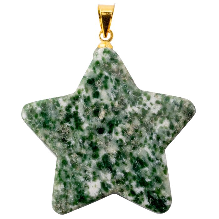 Green Snake Jade Flat Star Pendant with Gold Plated Bail (1pc) 