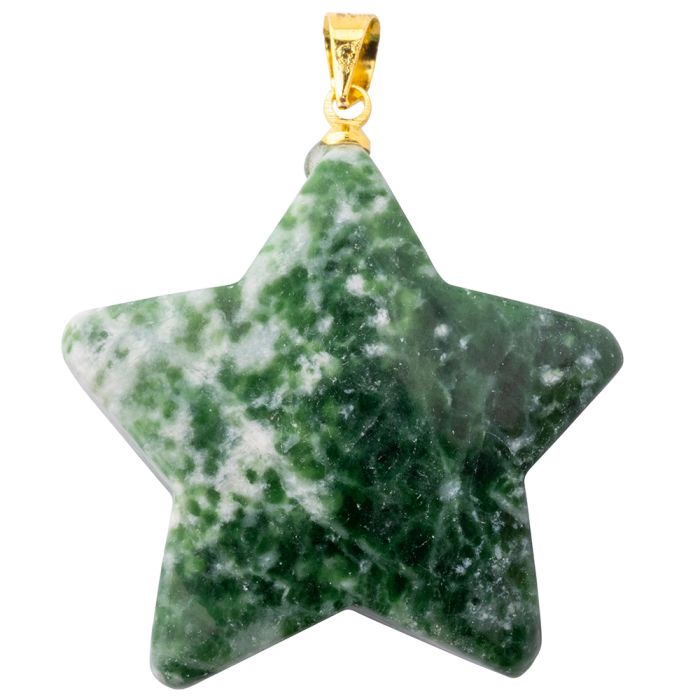 Green Snake Jade Puff Star Pendant with Gold Plated Bail (1pc) 