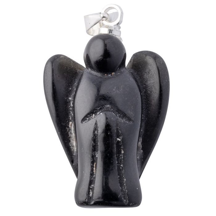 Black Obsidian Angel Pendant, Silver Plated Bail 20mm (1pc) NETT