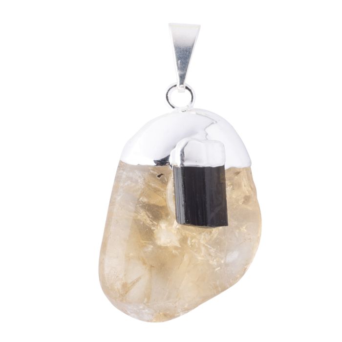 Citrine Heat Treated Tumble Pendant w/Black Tourmaline, Silver Plated (1pc) NETT