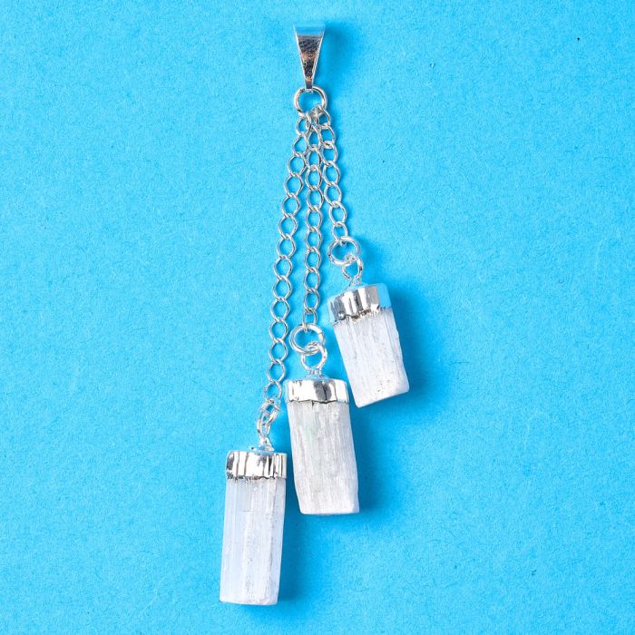 Three Dangling Selenite Sticks Pendant, Silver Plated (1 Piece) NETT