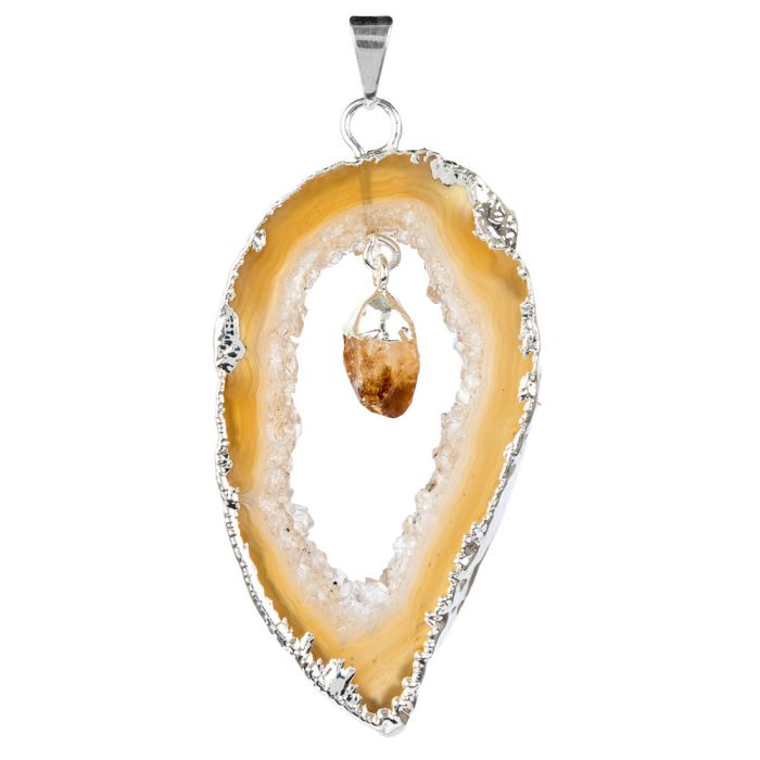 Geode Slice Pendant with Citrine (Heat Treated) Point, Silver Plated (1pc) NETT