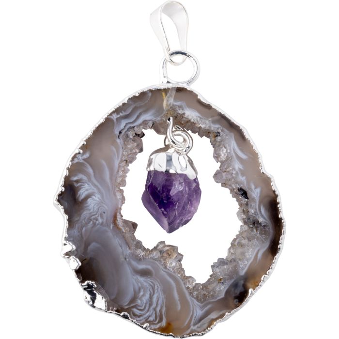 Pendant Geode Slice w Amethyst Point Silver Plated 1pc NETT