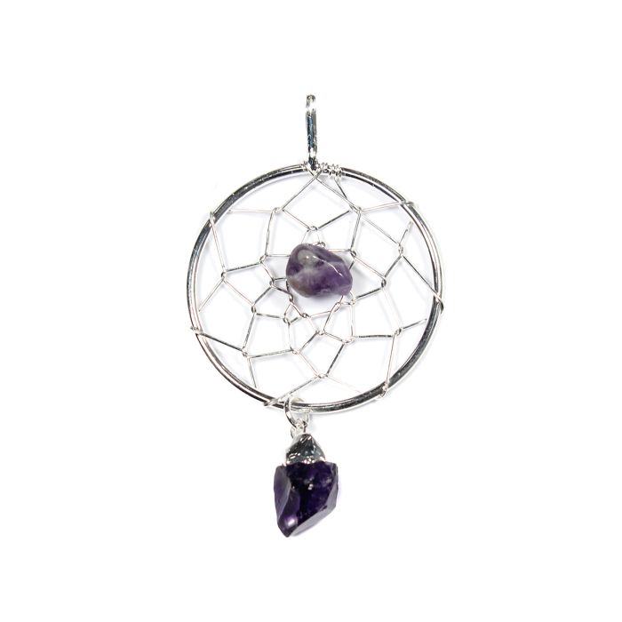 Dream Catcher Pendant with Amethyst Dangle Charm, Silver Plated (1pc) 