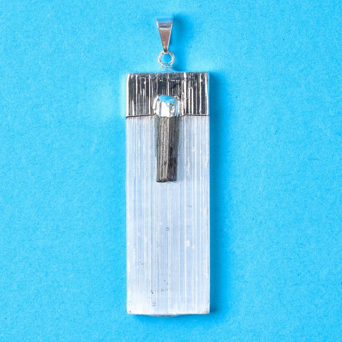 Selenite Pendant with Tourmaline Accent, Silver Plated (1pc) NETT