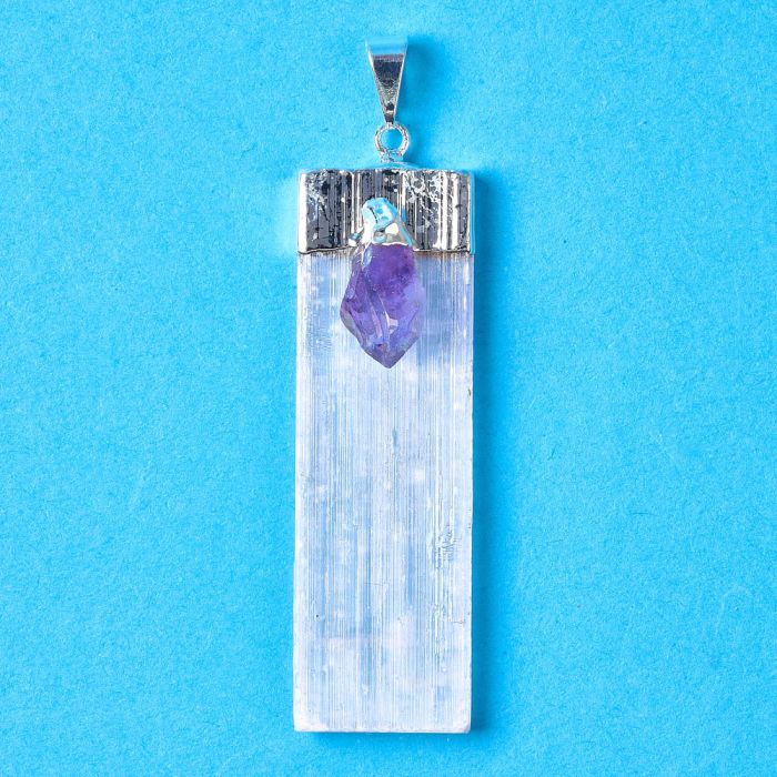 Selenite Pendant with Amethyst Accent, Silver Plated (1pc) NETT