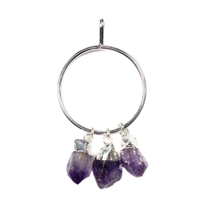 Circle Pendant with 3 Amethyst Dangle Charms, Silver Plated (1pc) NETT