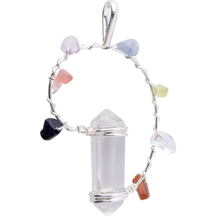 Double Terminated Crystal Point Pendant with Chakra Stones, Silver Plated (1pc) NETT