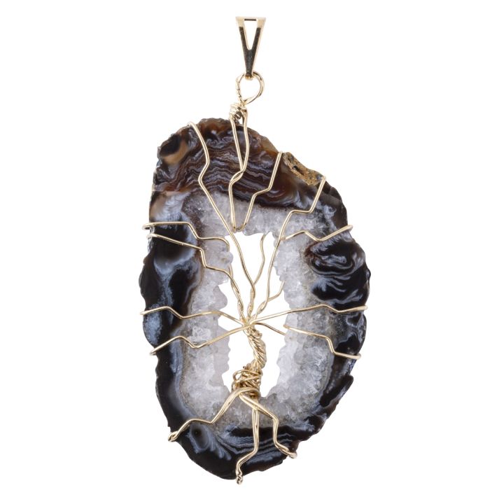 Geode Slice & Wire Tree Pendant, Gold Plated (1pc) NETT