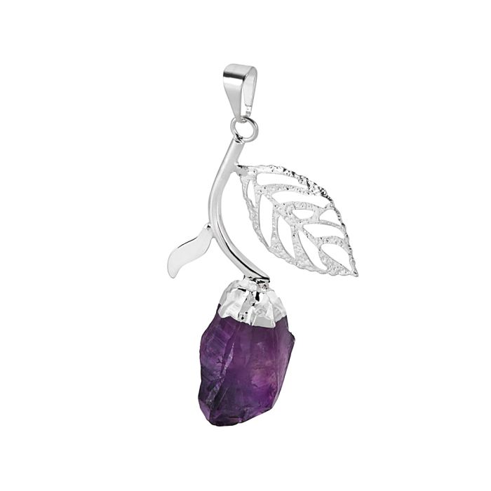 Leaf Pendant with Amethyst Point, Silver Plated (1pc) NETT