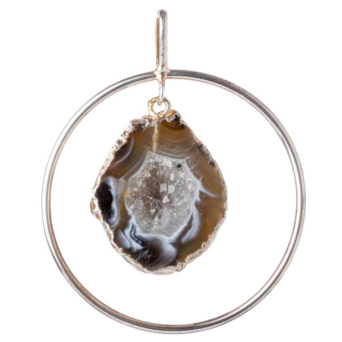 Circle Pendant with Half Geode Dangle, Silver Plated (1pc) NETT