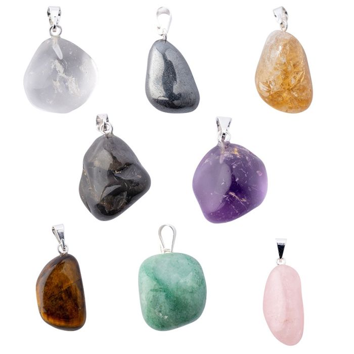 Assorted Tumblestone Gem Pendants, Silver Plated (8pcs) 
