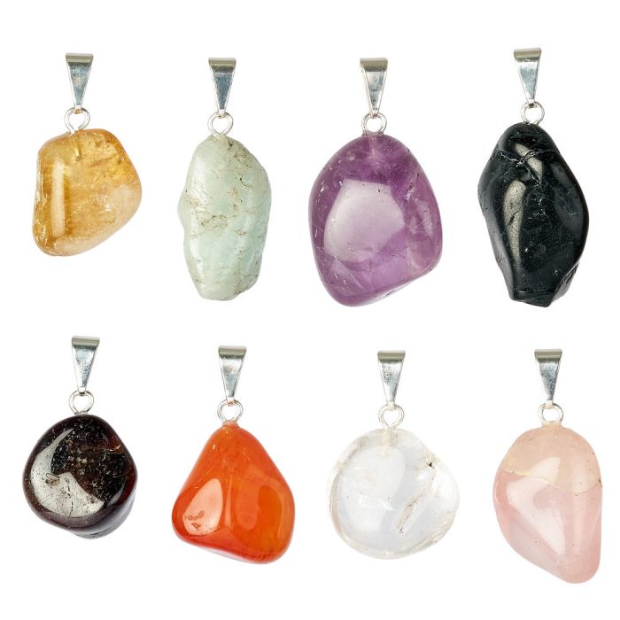 Assorted Tumblestone Gem Pendants, Silver Plated (8pcs) 