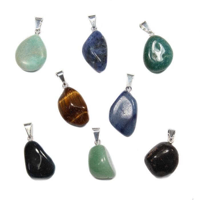 Assorted Tumblestone Gem Pendants, Silver Plated (8pcs) 