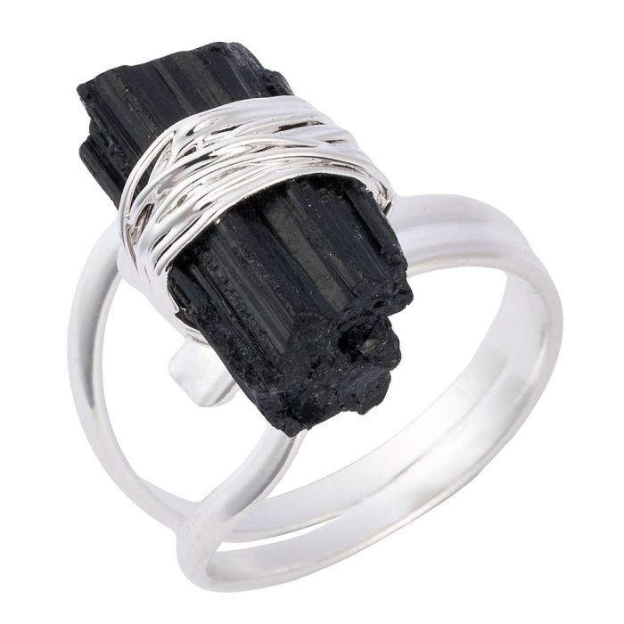 Wire Wrappd Tourmaline Adjustable Ring, Silver Plated (1pc)