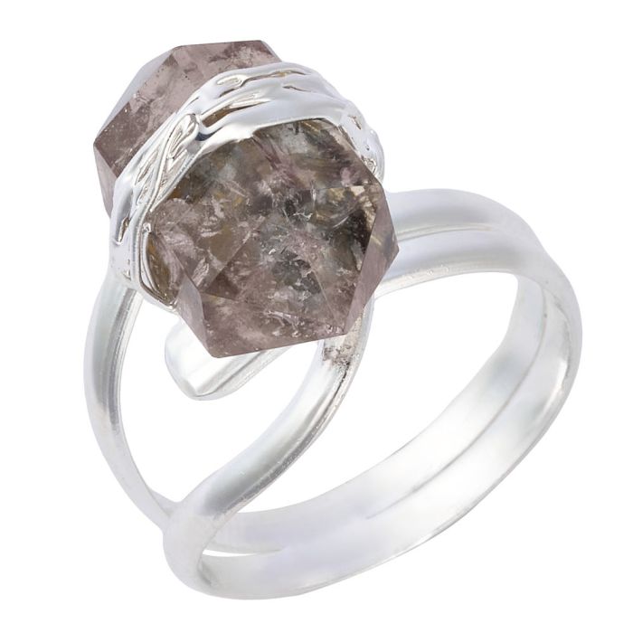 Wire wrapped Smoky Quartz Double Terminated Point adjustable ring, Silver Plated (1pc)