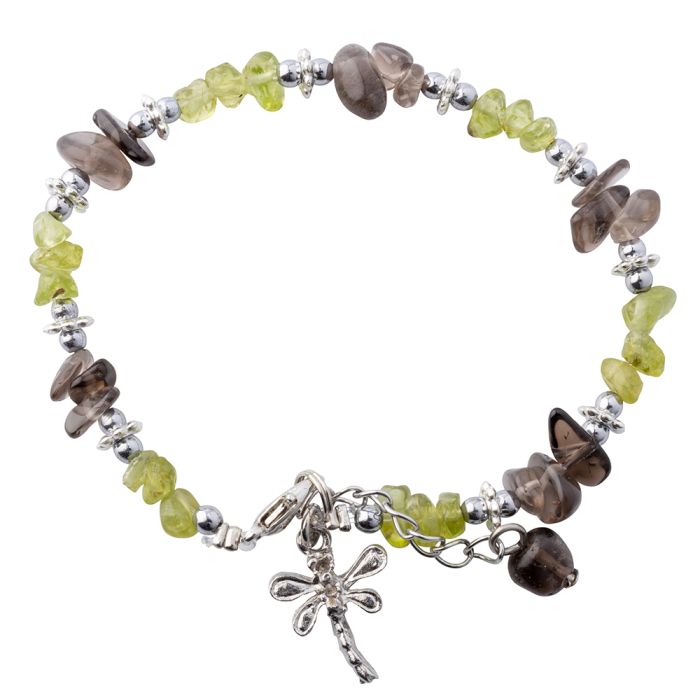 Peridot & Smoky Quartz Chip Bracelet with Dragonfly Charm (1pc) NETT