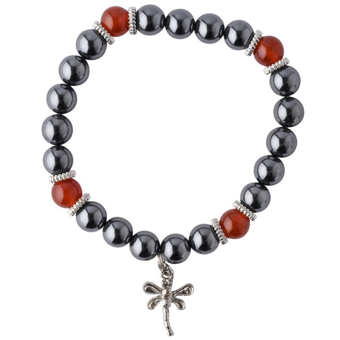 8mm Hematine & Red Agate Bead Bracelet with Dragonfly Charm (Elastic Cord) (1pc) NETT