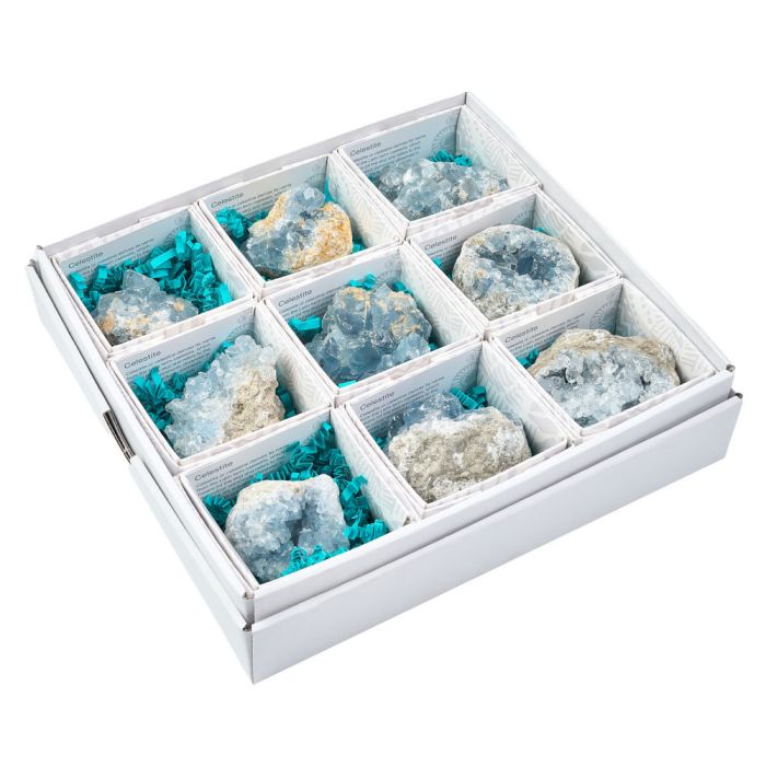 Celestite Cluster in Gift Box with ID Card (9 Piece) NETT