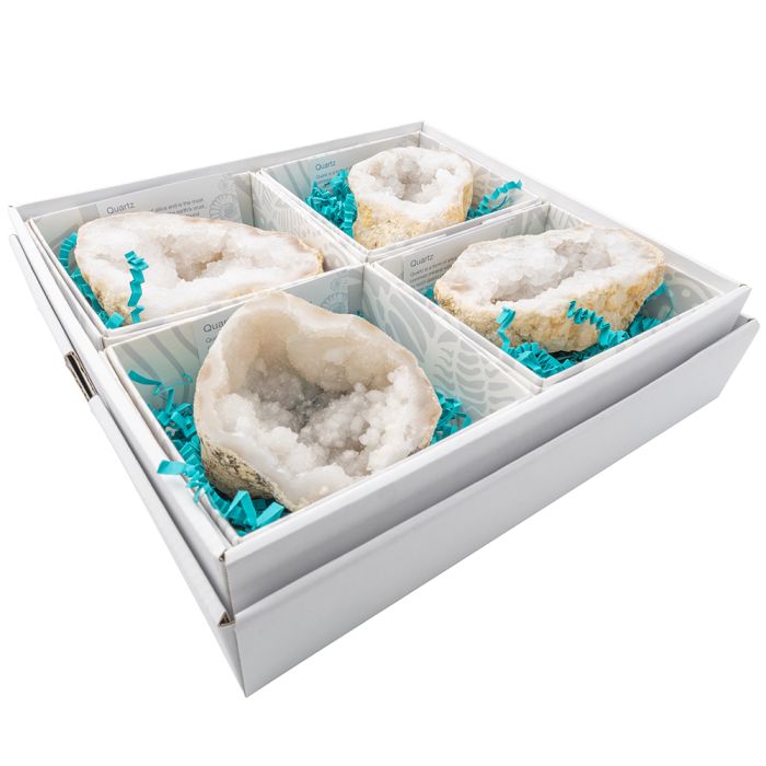 White Quartz Geode in Gift Box with ID Card, Brazil (4pc) NETT