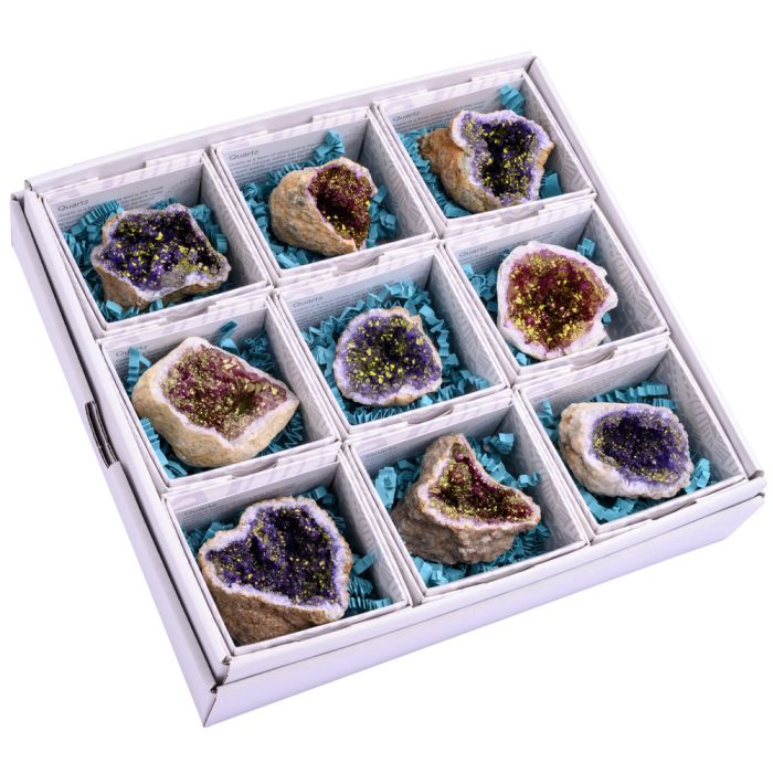 Dyed Quartz Geodes (Natural Exterior) with ID Card (9pcs) NETT