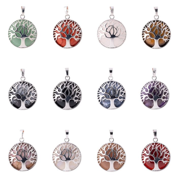 Assorted Tree of Life Chrome Plated Pendants (12 Stone Types) NETT