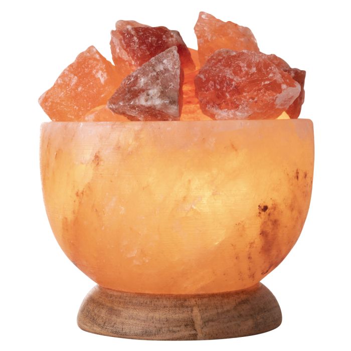 Himalayan Salt Lamp Fire Bowl with Wooden Base, 1.5-2kg (Includes UK Electric Lead & Bulb) (1pc) NETT