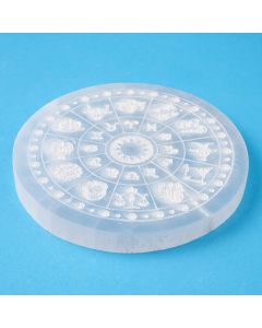 Selenite Disc with Etched Zodiac Design, 10cm (1pc)