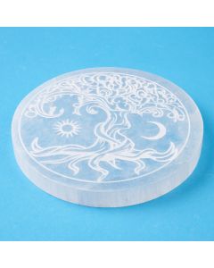 Selenite 10cm Disc with Etched Tree of Life Design (1pc)