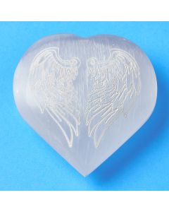 Selenite Puff Heart with Etched Angel Wing Design, 6cm (1pc)