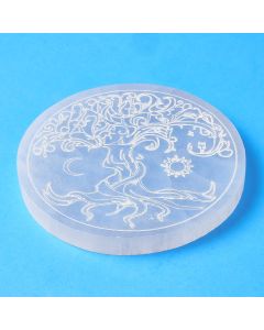 Selenite 10cm Disc with Etched Tree of Life Design (1pc)