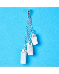 Three Dangling Selenite Sticks Pendant, Silver Plated (1 Piece) NETT