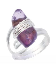 Wire Wrappd Tumbled Amethyst Adjustable Ring, Silver Plated (1pc)
