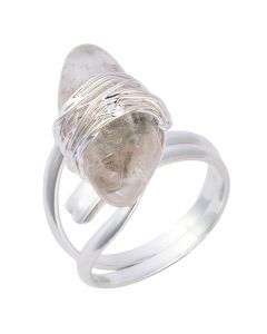 Wire Wrappd Tumbled Quartz Adjustable Ring, Silver Plated (1pc)