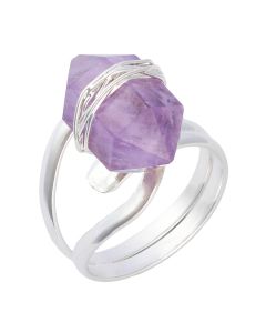 Wire wrapped Amethyst Double Terminated Point adjustable ring, Silver Plated (1pc)