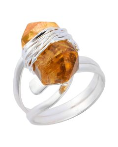 Wire wrapped Citrine Double Terminated Point adjustable ring, Silver Plated (1pc)