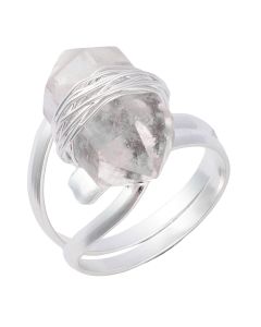 Wire wrapped Quartz Double Terminated Point adjustable ring, Silver Plated (1pc)