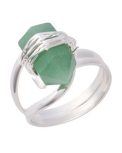Wire wrapped Green Quartz Double Terminated Point, adjustable ring, Silver Plated (1pc)