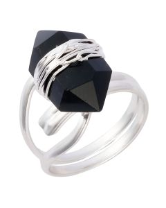 Wire wrapped Onyx Double Terminated Point, Adjustable Ring, Silver Plated (1pc)
