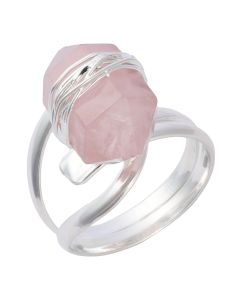 Wire wrapped Rose Quartz Double Terminated Point adjustable ring, Silver Plated (1pc)