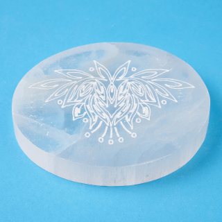 Selenite 10cm Disc with Etched Lotus Design (1pc)