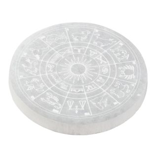 Selenite Disc with Etched Zodiac Design, 10cm (1pc)