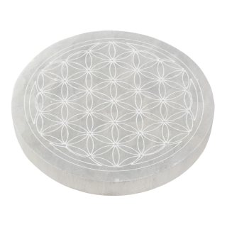 Selenite 10cm Disc with Etched Flower of Life Design (1pc)